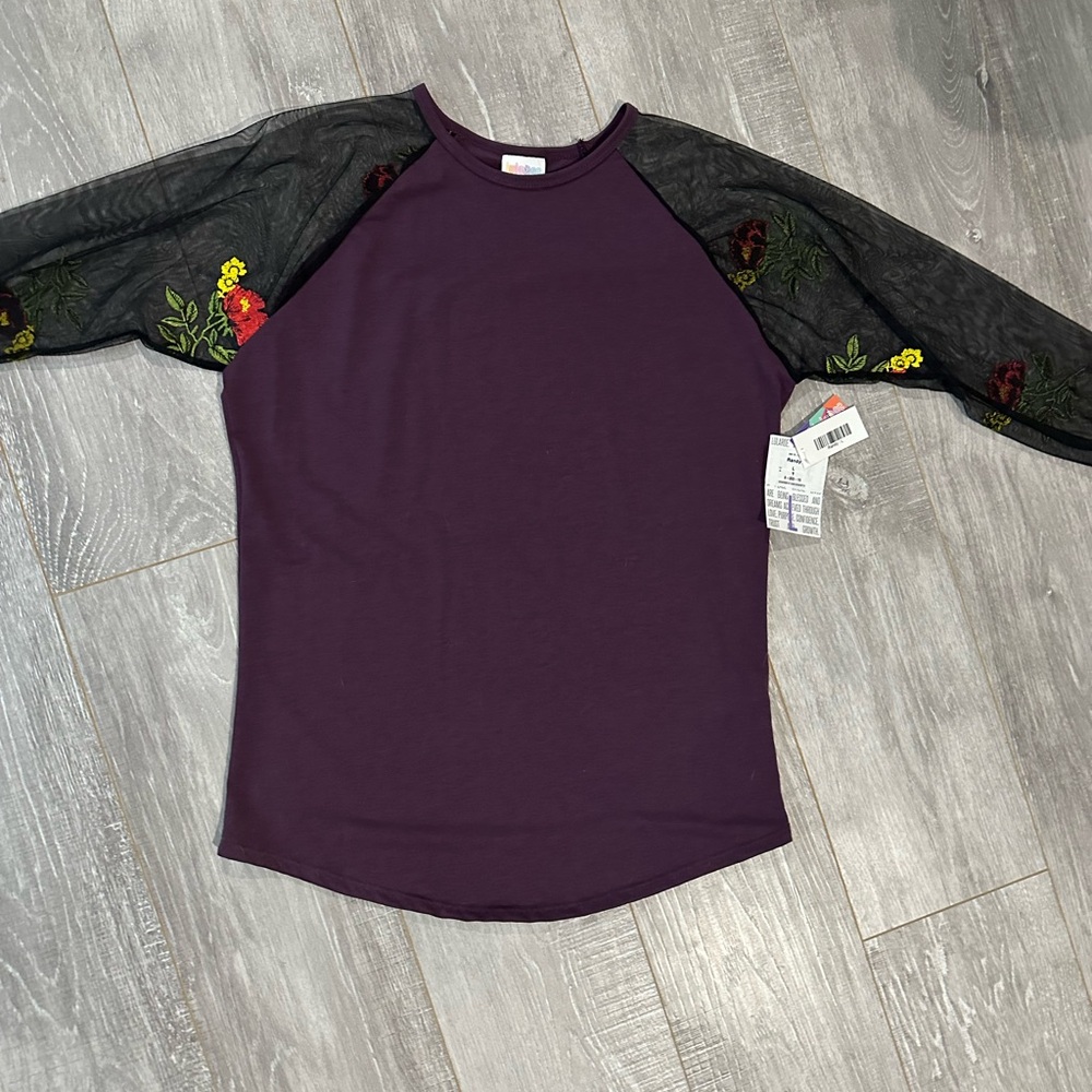 LuLaRoe Randy Purple Top with Black Floral Sleeves